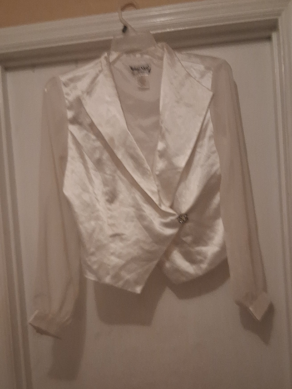 Ronni Nicole Ivory Satin Blouse with Sheer Sleeves